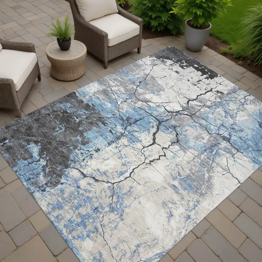 Denim Blue And Blue Abstract Washable Indoor Outdoor Area Rug Photo 7