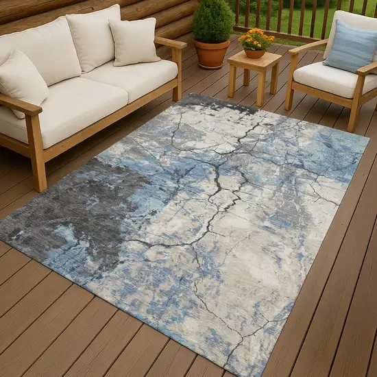 Denim Blue And Blue Abstract Washable Indoor Outdoor Area Rug Photo 4