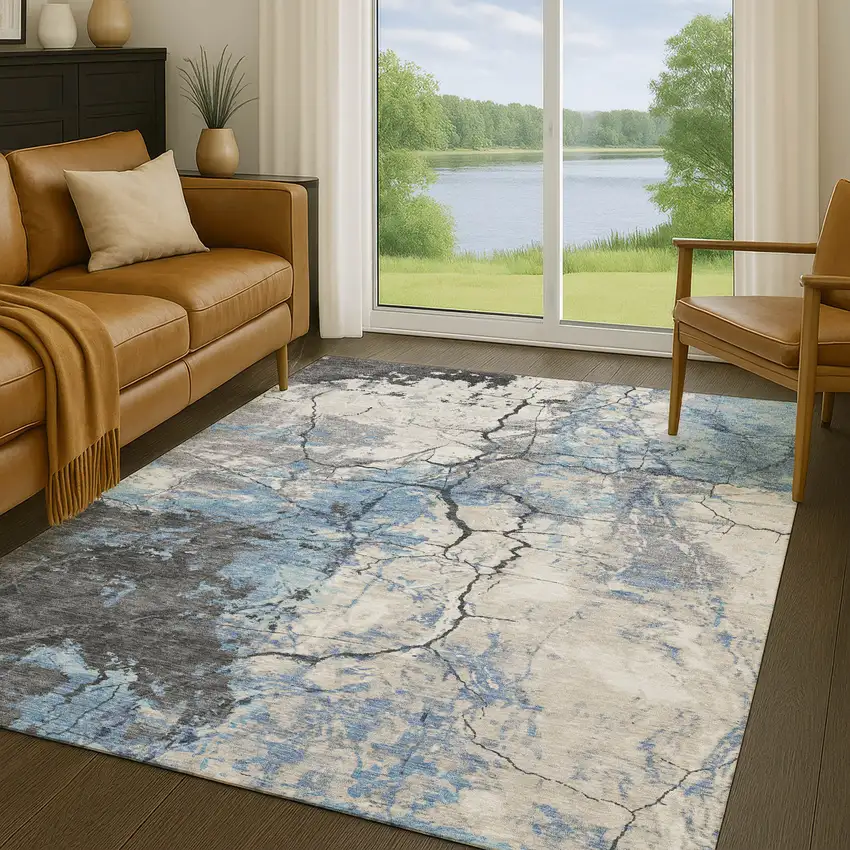 Denim Blue And Blue Abstract Washable Indoor Outdoor Area Rug Photo 5