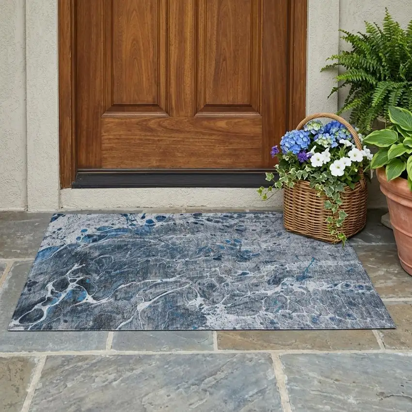 Denim Blue And Blue Abstract Washable Indoor Outdoor Area Rug Photo 1