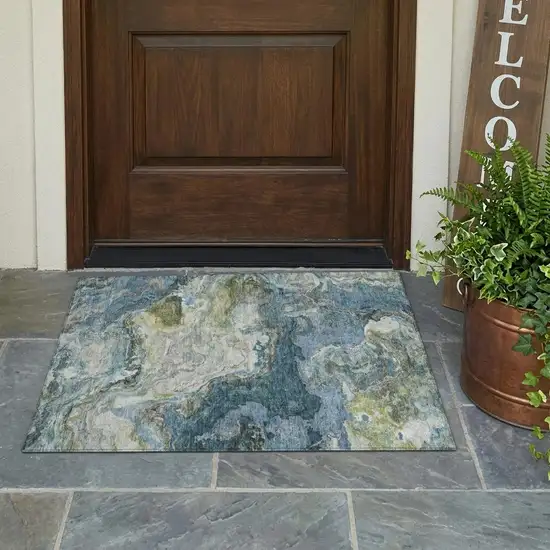 Denim Blue And Blue Abstract Washable Indoor Outdoor Area Rug Photo 1