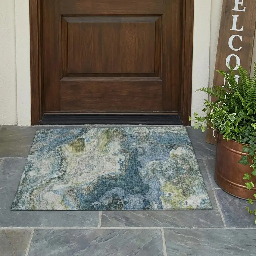 Denim Blue And Blue Abstract Washable Indoor Outdoor Area Rug Photo 1
