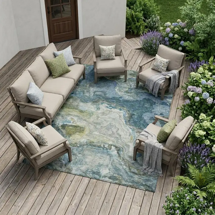 Denim Blue And Blue Abstract Washable Indoor Outdoor Area Rug Photo 1