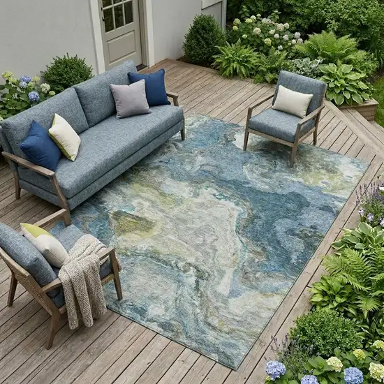 Denim Blue And Blue Abstract Washable Indoor Outdoor Area Rug Photo 1