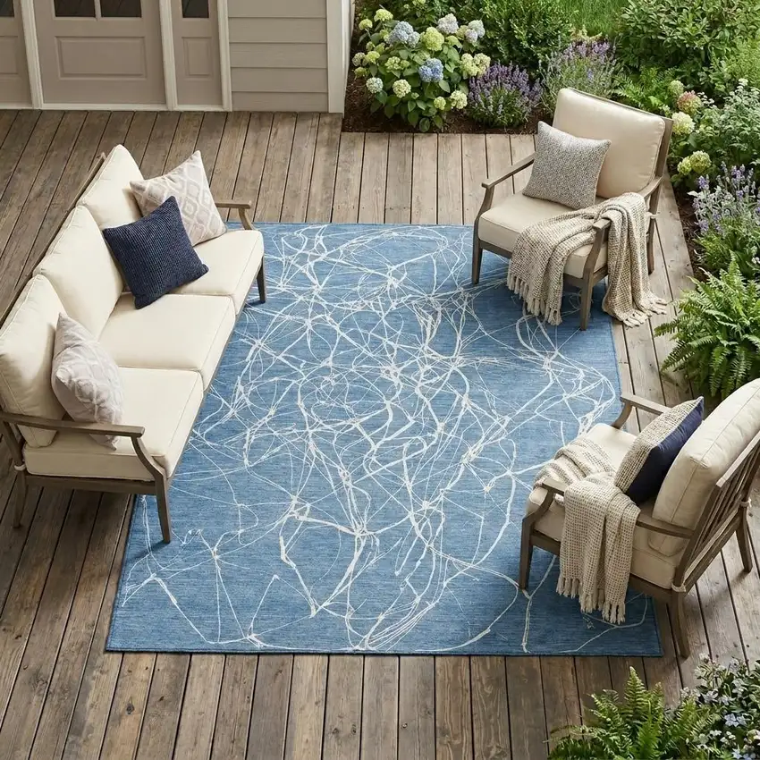 Denim Blue And Blue Abstract Washable Indoor Outdoor Area Rug Photo 1