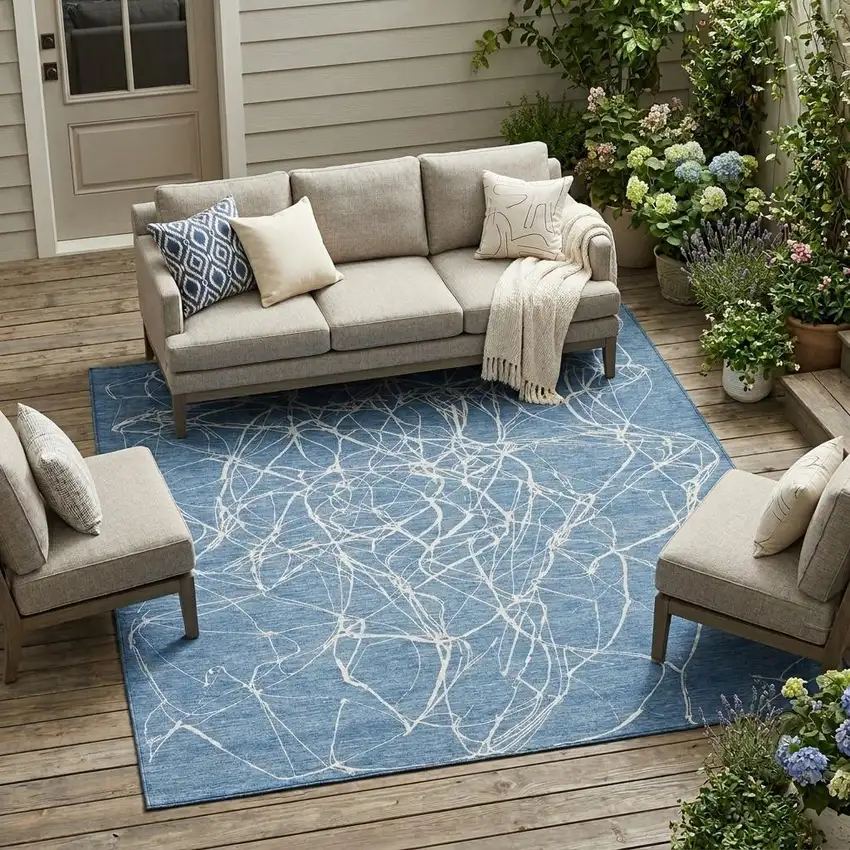 Denim Blue And Blue Abstract Washable Indoor Outdoor Area Rug Photo 1
