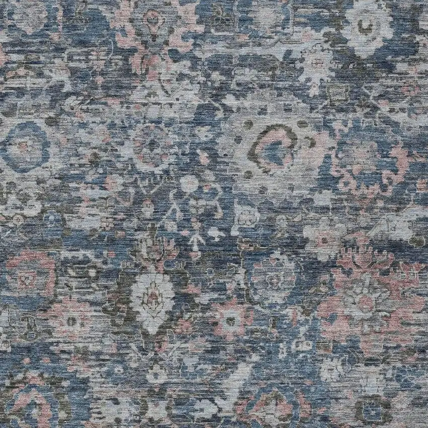 Denim Blue And Blue Floral Washable Indoor Outdoor Area Rug Photo 2