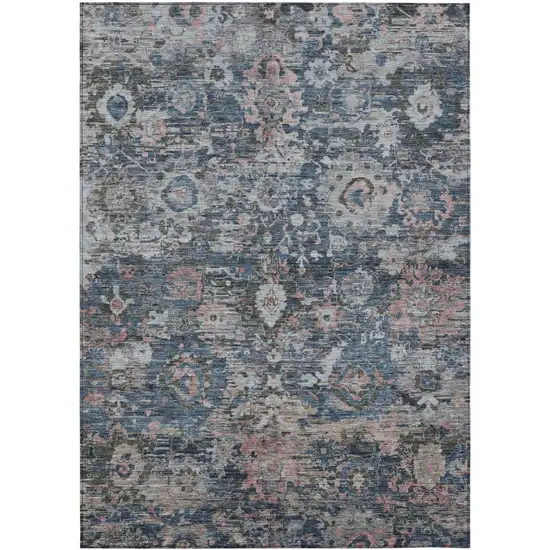 Denim Blue And Blue Floral Washable Indoor Outdoor Area Rug Photo 1