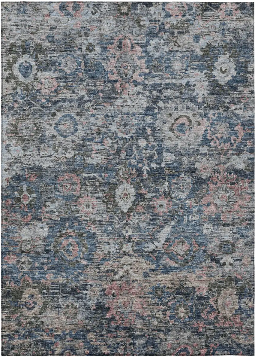 Denim Blue And Blue Floral Washable Indoor Outdoor Area Rug Photo 1