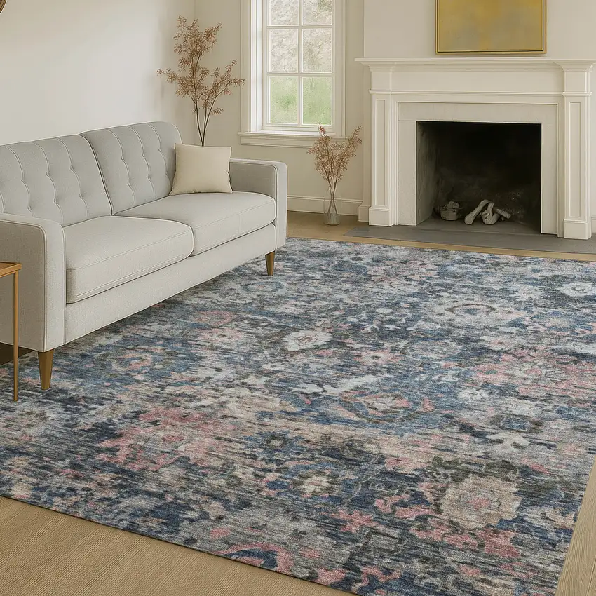 Denim Blue And Blue Floral Washable Indoor Outdoor Area Rug Photo 6