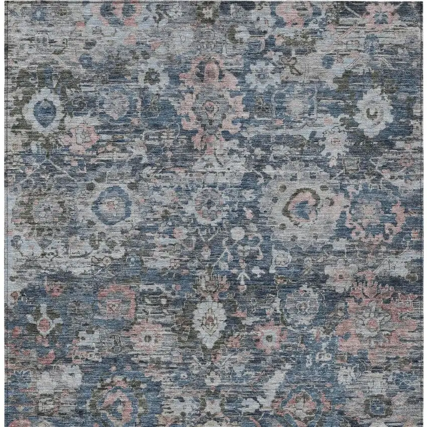 Denim Blue And Blue Floral Washable Indoor Outdoor Area Rug Photo 3