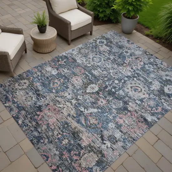 Denim Blue And Blue Floral Washable Indoor Outdoor Area Rug Photo 7