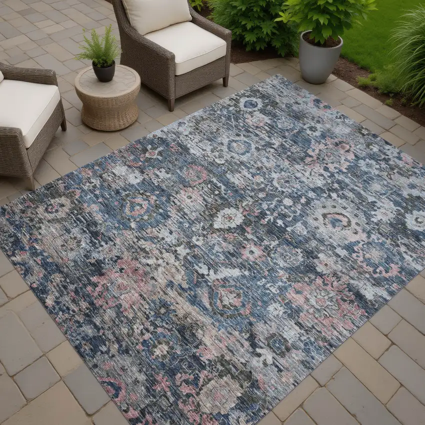 Denim Blue And Blue Floral Washable Indoor Outdoor Area Rug Photo 7