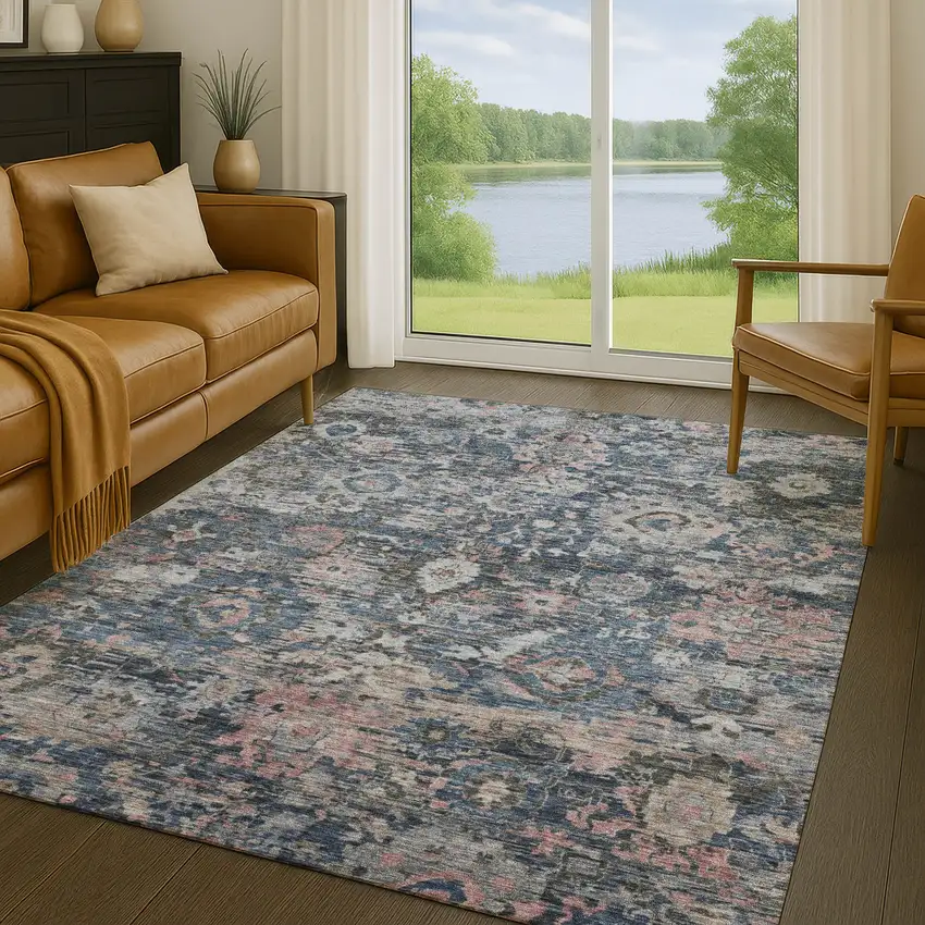 Denim Blue And Blue Floral Washable Indoor Outdoor Area Rug Photo 5