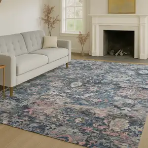 Photo of Denim Blue And Blue Floral Washable Indoor Outdoor Area Rug