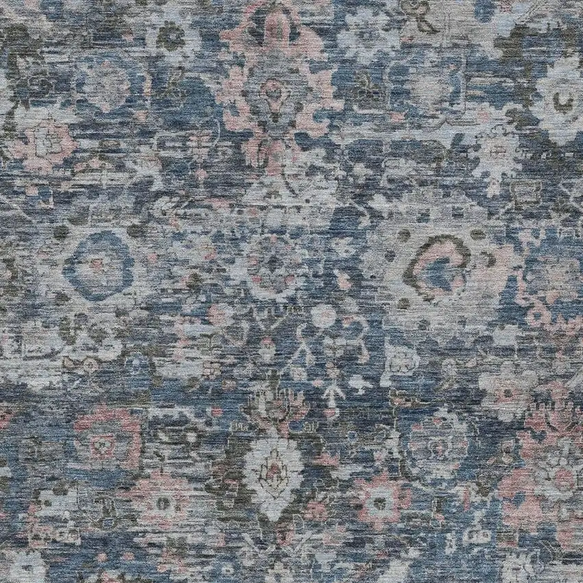 Denim Blue And Blue Floral Washable Indoor Outdoor Area Rug Photo 2
