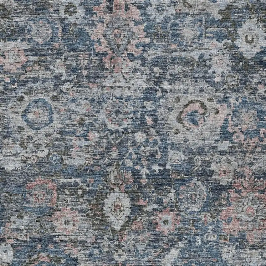 Denim Blue And Blue Floral Washable Indoor Outdoor Area Rug Photo 2