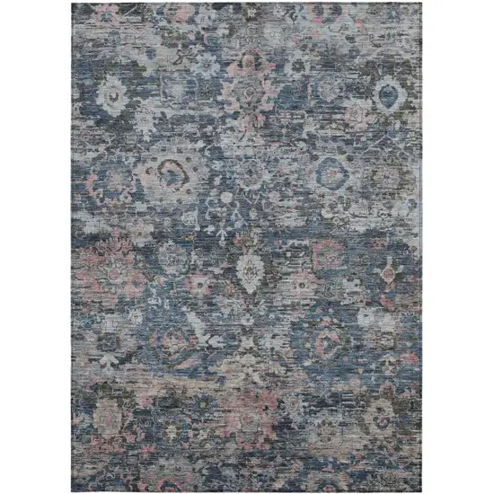 Denim Blue And Blue Floral Washable Indoor Outdoor Area Rug Photo 3