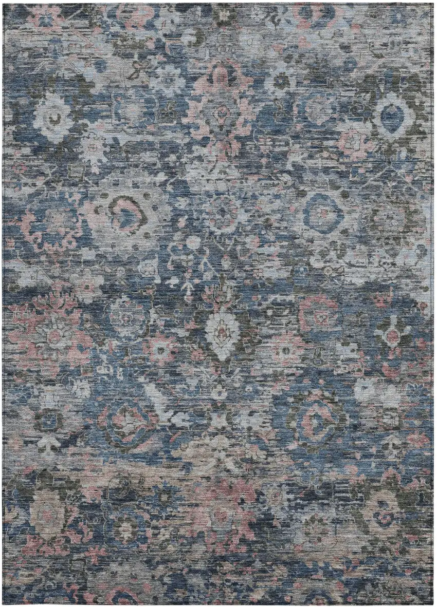 Denim Blue And Blue Floral Washable Indoor Outdoor Area Rug Photo 3