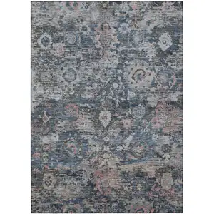 Photo of Denim Blue And Blue Floral Washable Indoor Outdoor Area Rug
