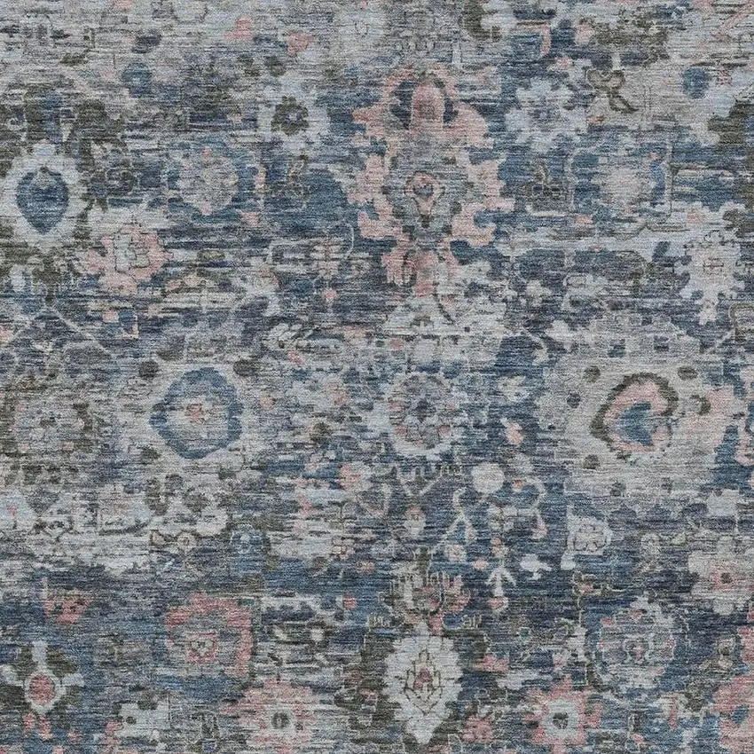 Denim Blue And Blue Floral Washable Indoor Outdoor Area Rug Photo 2