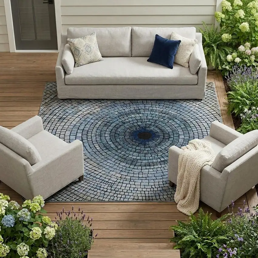 Denim Blue And Blue Geometric Washable Indoor Outdoor Area Rug Photo 1