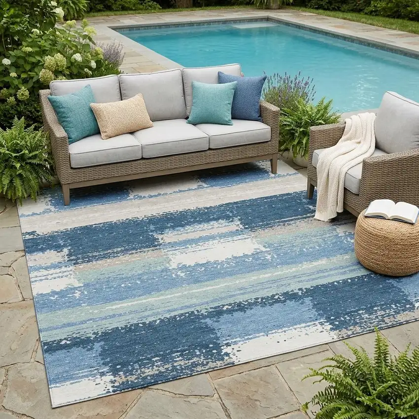 Denim Blue And Blue Geometric Washable Indoor Outdoor Area Rug Photo 1