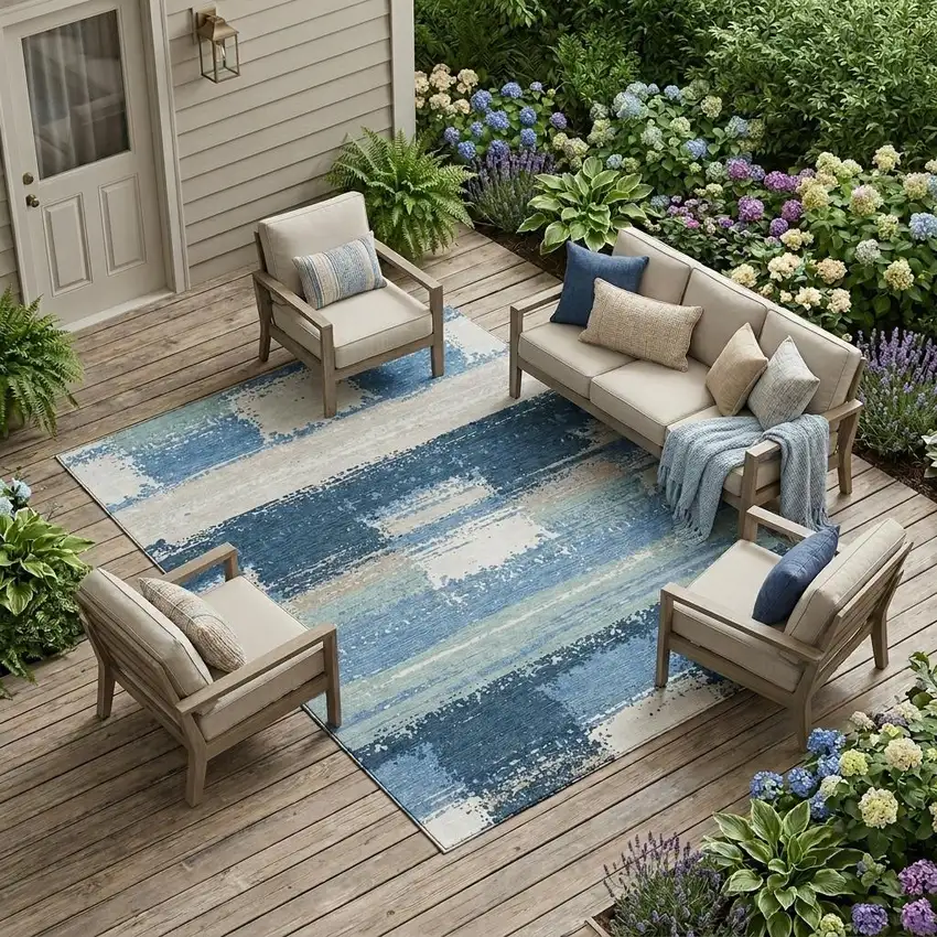 Denim Blue And Blue Geometric Washable Indoor Outdoor Area Rug Photo 1