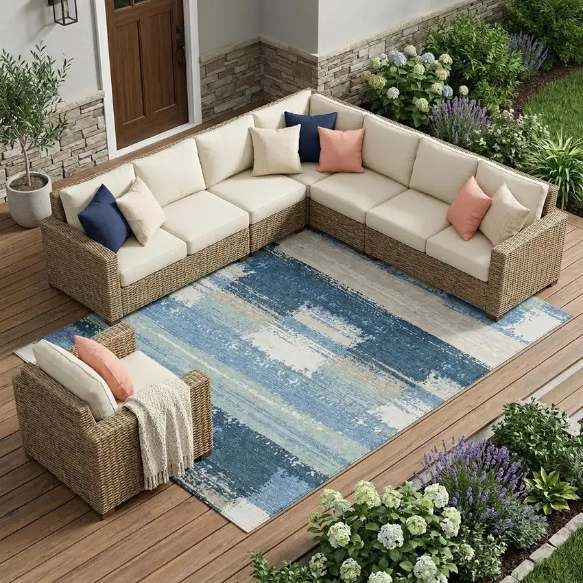 Denim Blue And Blue Geometric Washable Indoor Outdoor Area Rug Photo 1