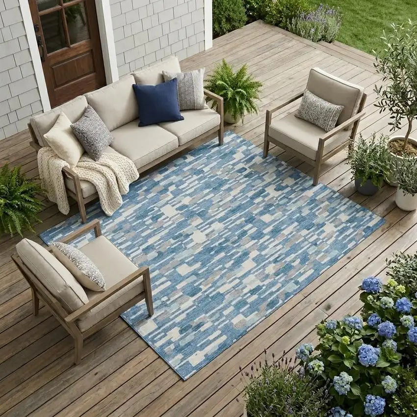 Denim Blue And Blue Geometric Washable Indoor Outdoor Area Rug Photo 1