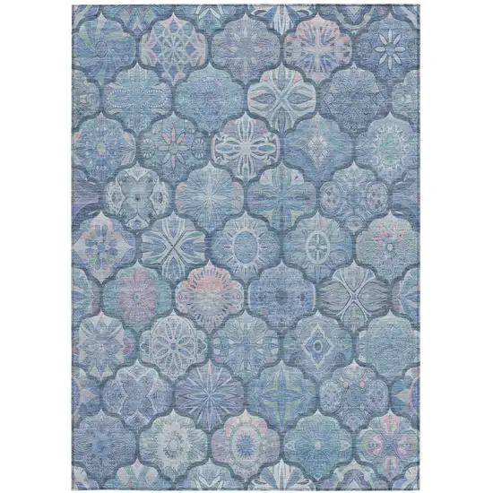 Denim Blue And Blue Ogee Washable Indoor Outdoor Area Rug Photo 2