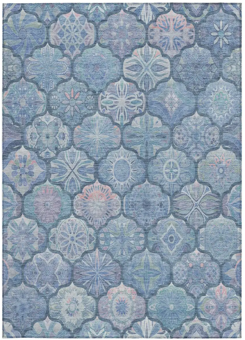 Denim Blue And Blue Ogee Washable Indoor Outdoor Area Rug Photo 2