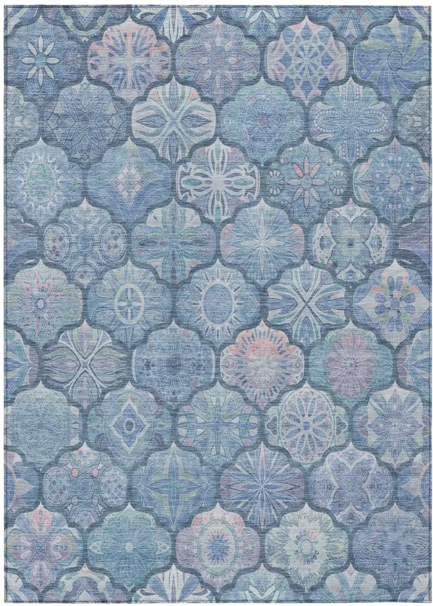 Denim Blue And Blue Ogee Washable Indoor Outdoor Area Rug Photo 3