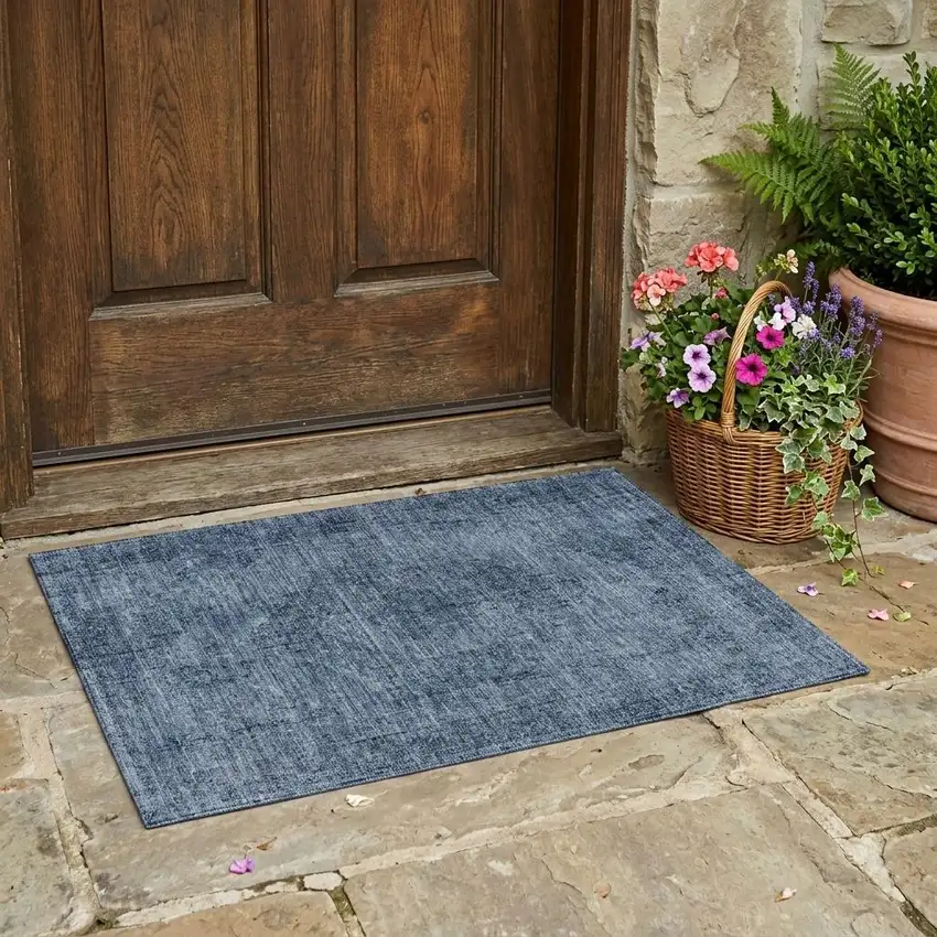 Denim Blue And Blue Oriental Washable Indoor Outdoor Area Rug Photo 1