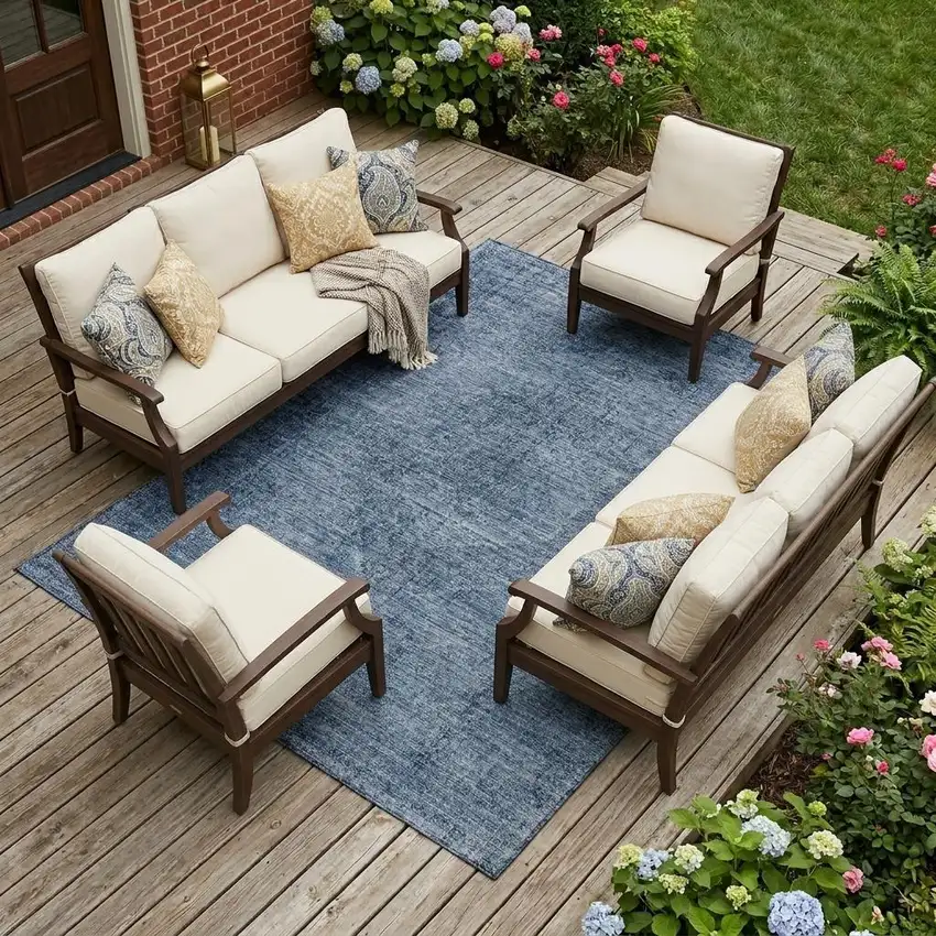 Denim Blue And Blue Oriental Washable Indoor Outdoor Area Rug Photo 1