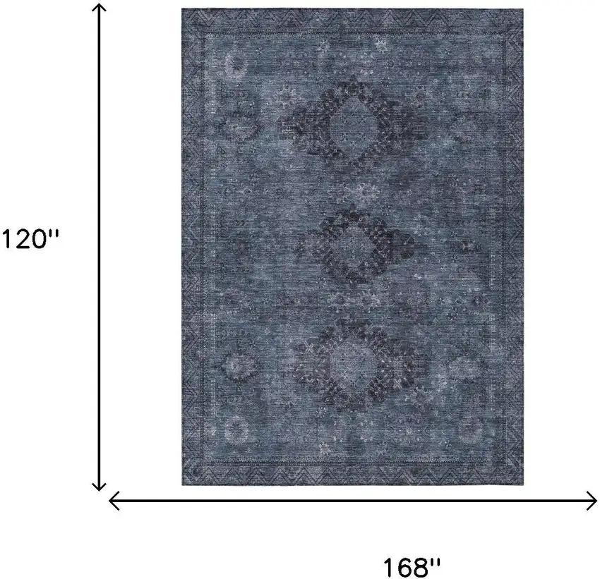 Denim Blue And Blue Oriental Washable Indoor Outdoor Area Rug Photo 5