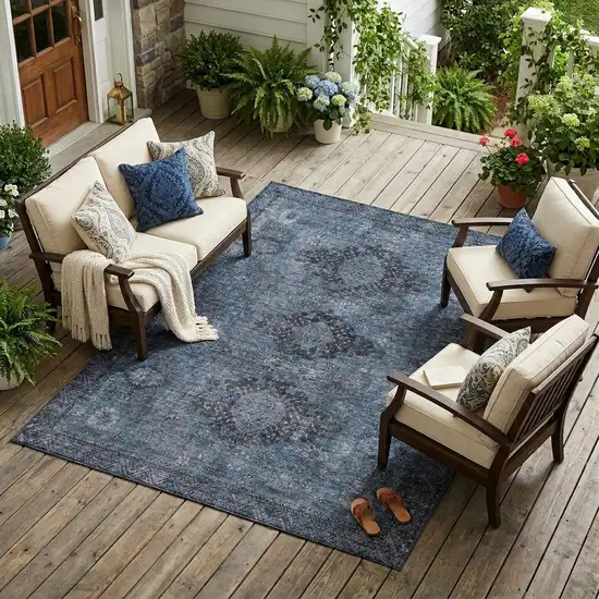 Denim Blue And Blue Oriental Washable Indoor Outdoor Area Rug Photo 1