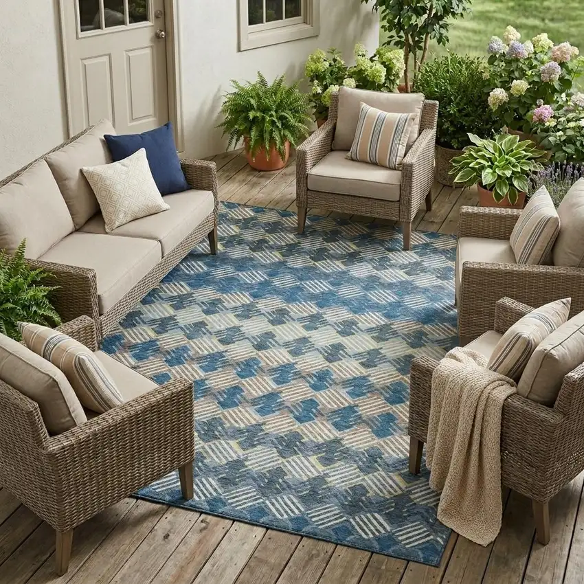 Denim Blue And Blue Striped Washable Indoor Outdoor Area Rug Photo 1