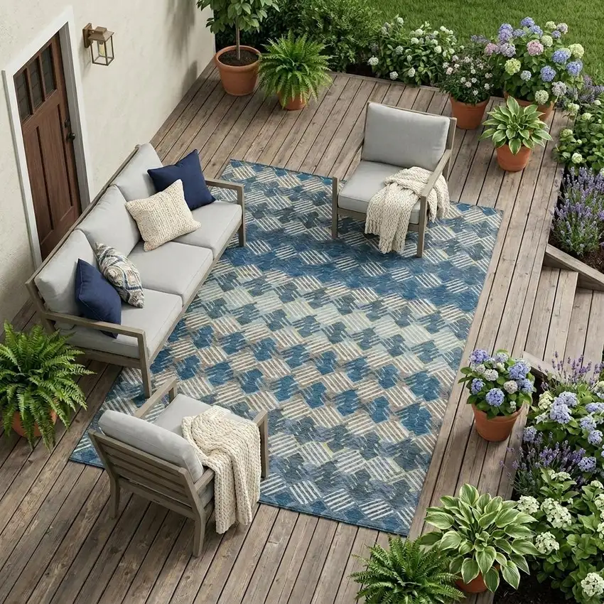 Denim Blue And Blue Striped Washable Indoor Outdoor Area Rug Photo 1