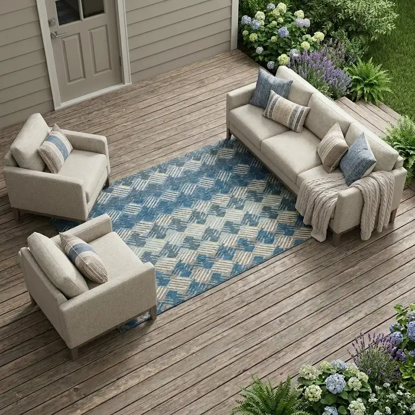 Denim Blue And Blue Striped Washable Indoor Outdoor Area Rug Photo 1