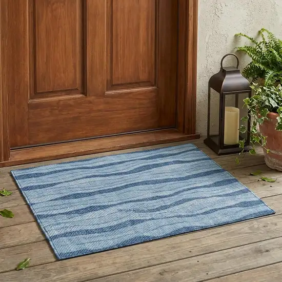 Denim Blue And Blue Striped Washable Indoor Outdoor Area Rug Photo 1