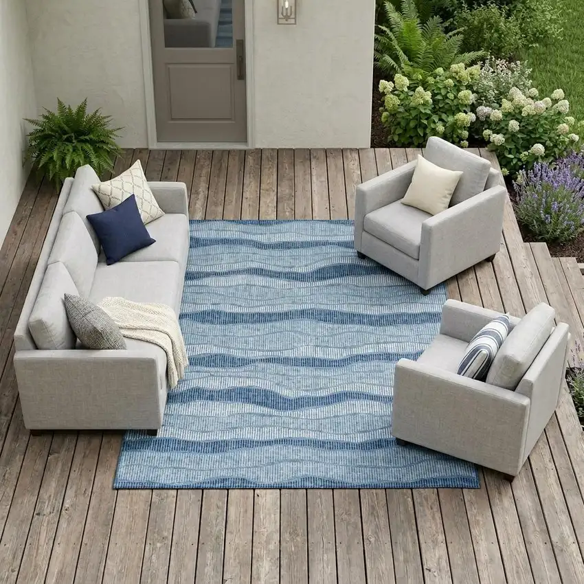 Denim Blue And Blue Striped Washable Indoor Outdoor Area Rug Photo 1