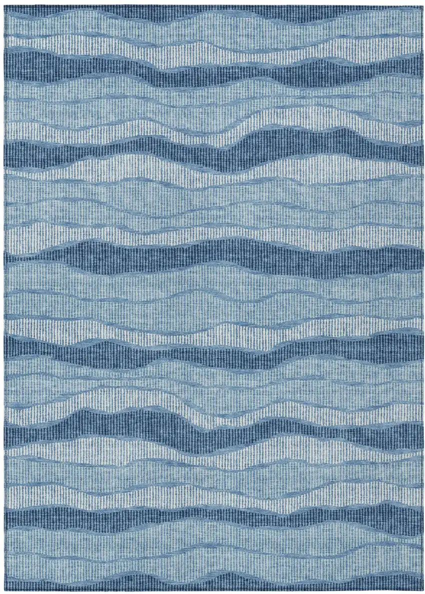 Denim Blue And Blue Striped Washable Indoor Outdoor Area Rug Photo 2