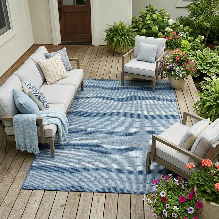 Denim Blue And Blue Striped Washable Indoor Outdoor Area Rug Photo 1