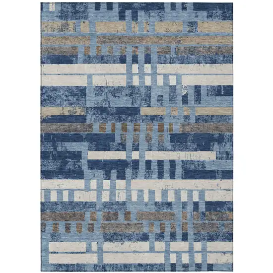 Denim Blue And Blue Striped Washable Indoor Outdoor Area Rug Photo 1