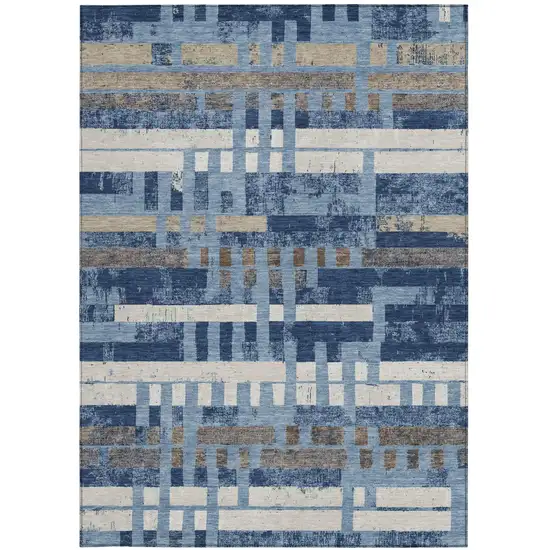 Denim Blue And Blue Striped Washable Indoor Outdoor Area Rug Photo 3