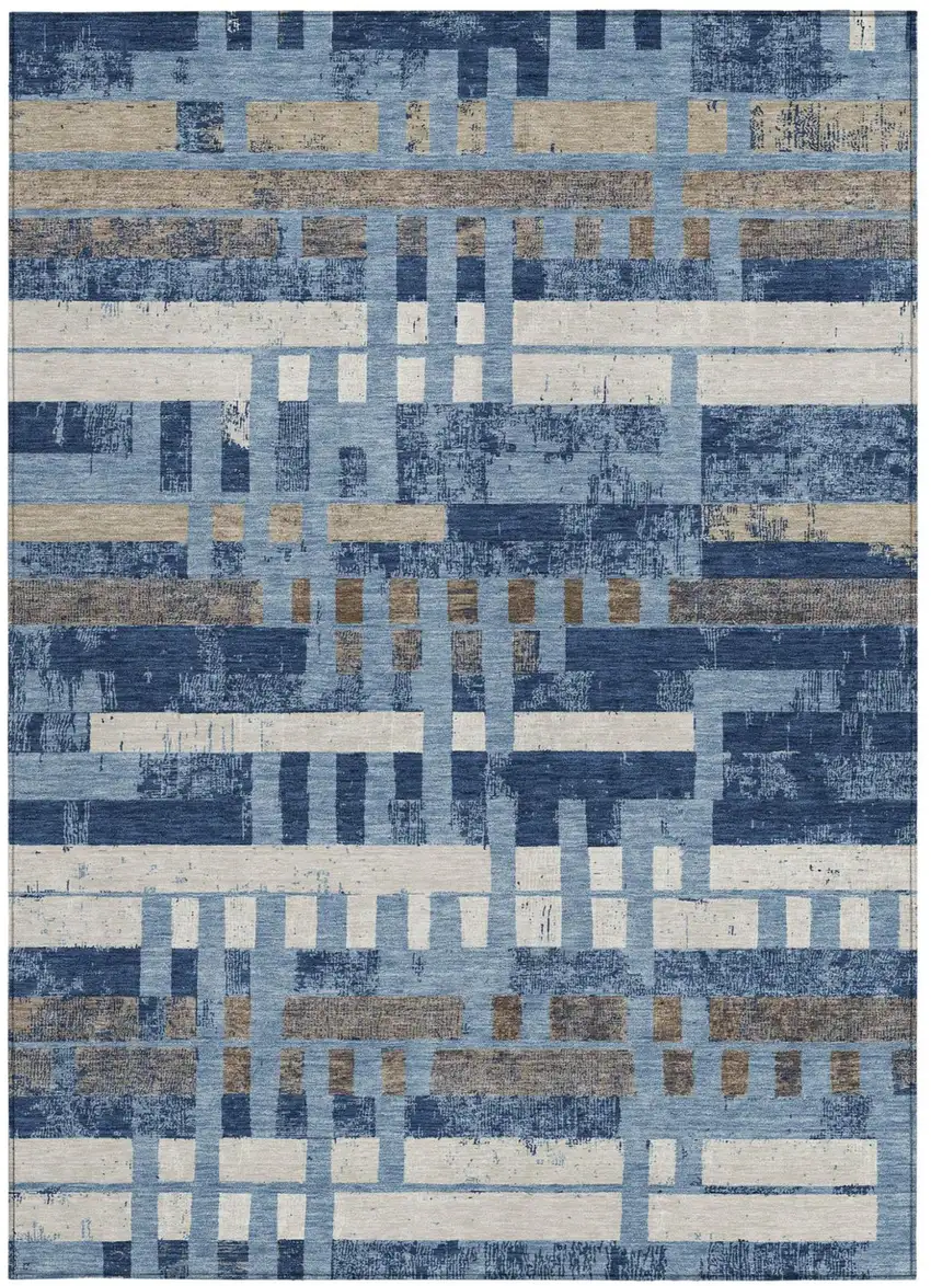 Denim Blue And Blue Striped Washable Indoor Outdoor Area Rug Photo 3