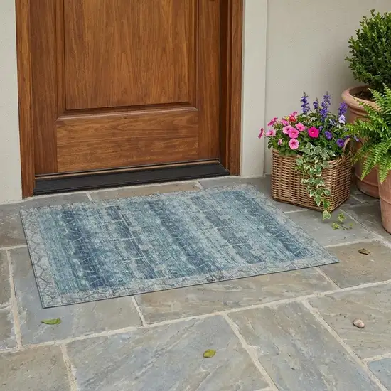 Denim Blue And Blue Tribal Washable Indoor Outdoor Area Rug Photo 1
