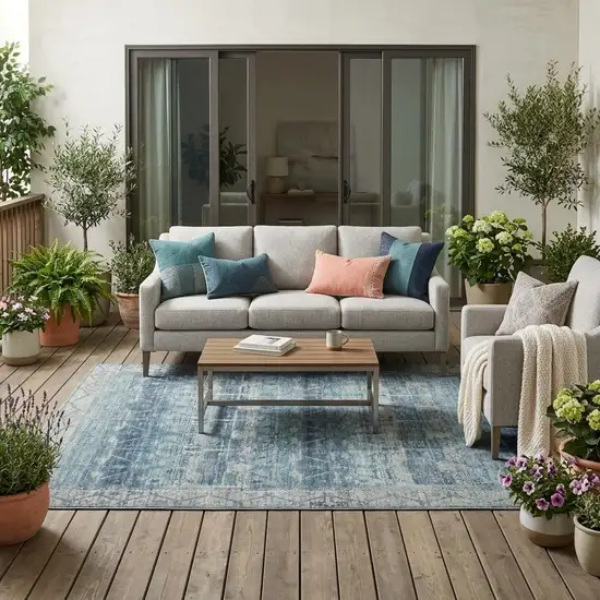 Denim Blue And Blue Tribal Washable Indoor Outdoor Area Rug Photo 1