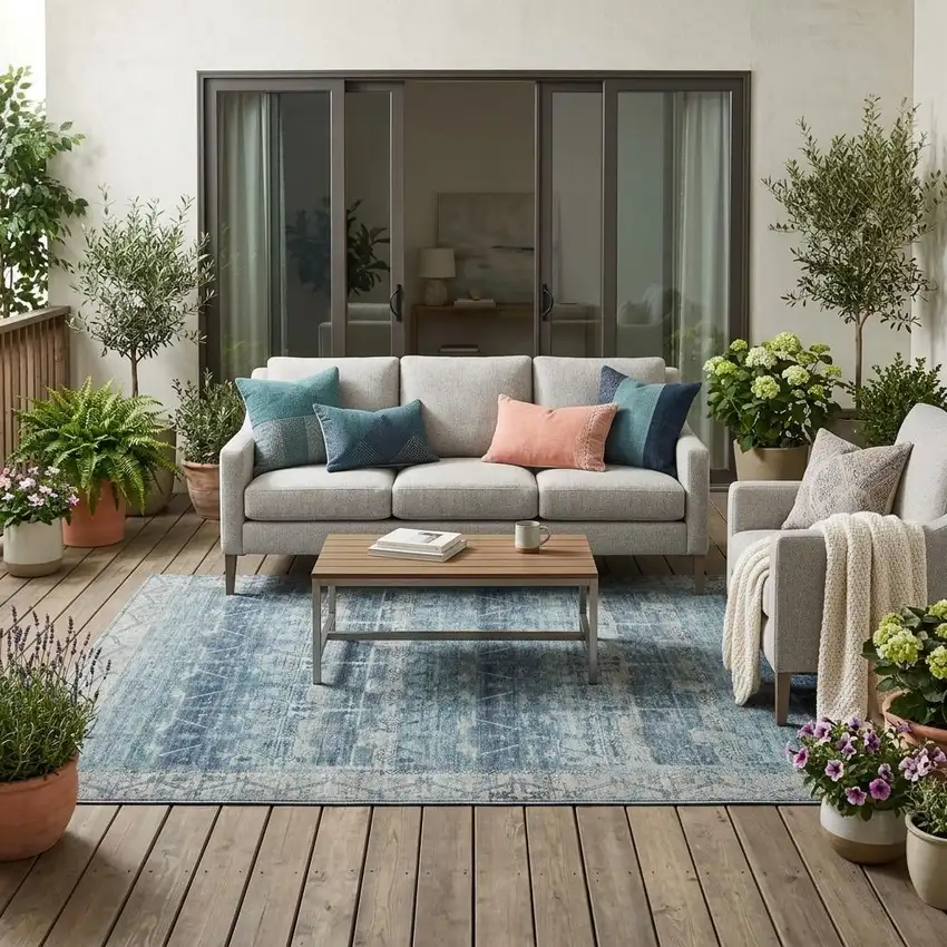 Denim Blue And Blue Tribal Washable Indoor Outdoor Area Rug Photo 1